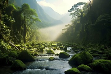 Wall Mural - amazon rainforest with tropical vegetation, a creek runs through a mysterious jungle, a mountain stream in a lush green valley, fictional landscape created with generative ai