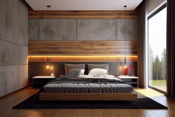 Wall Mural - Empty room interior with slated wood wall panels