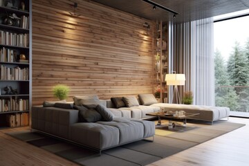 Wall Mural - Empty room interior with slated wood wall panels