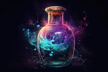 Spellbinding Potion In Glass Vial, Swirling With Vibrant Colors And Releasing Sparkling Tendrils Of Magic, Super Details Generative AI