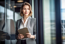 Young Businesswoman With Tablet In Hand Stands In Office By Window And Looks Confidently Into Future - Theme Business, Foresight, Future - Generative AI
