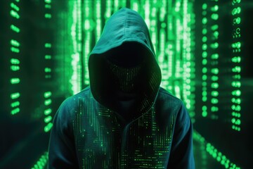 Poster - Digital binary code, glowing neon style, binary data background, Panoramic banner, out of focus, green color