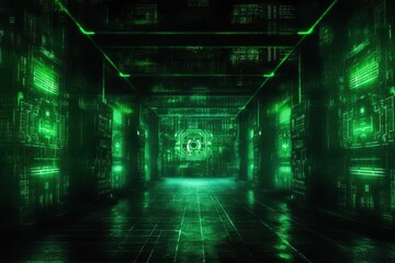 Poster - Digital binary code, glowing neon style, binary data background, Panoramic banner, out of focus, green color