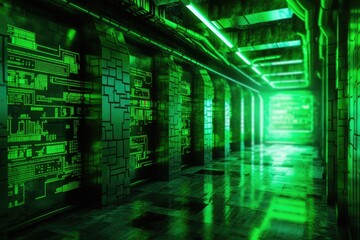 Poster - Digital binary code, glowing neon style, binary data background, Panoramic banner, out of focus, green color