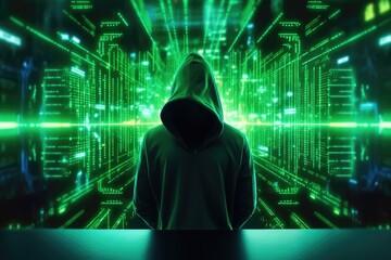 Poster - Digital binary code, glowing neon style, binary data background, Panoramic banner, out of focus, green color