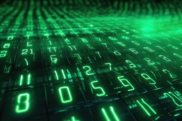 Poster - Digital binary code, glowing neon style, binary data background, Panoramic banner, out of focus, green color