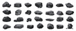 Black coal set vector illustration. Cartoon isolated lumps, basalt rocks and anthracite, charcoal pile and nugget pieces of iron ore from mine, gravel or graphite bunch and single stone collection