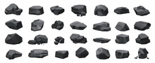 Black Coal Set Vector Illustration. Cartoon Isolated Lumps, Basalt Rocks And Anthracite, Charcoal Pile And Nugget Pieces Of Iron Ore From Mine, Gravel Or Graphite Bunch And Single Stone Collection