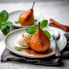 Wall Mural - Baked pear with vanilla ice cream and mint leaves for a delicious healthy dessert