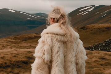 rear view. of a girl in an artificial fur coat against the background of animals in a meadow. the co