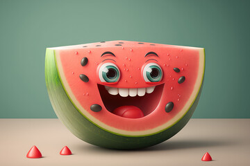 Canvas Print - Smiling watermelon 3d cartoon character. Ripe fruit with big eyes and seeds. Funny water melon slice mascot. Generative AI 3d render illustration imitation.