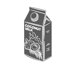 Poster - Coconut milk package glyph icon vector illustration. Stamp of carton packaging with liquid coco product, label and plastic lid, natural healthy vegetarian milk of supermarket or grocery store