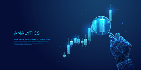 Aufkleber - Digital stock market analysis concept. An abstract man holds a magnifying glass in his hand and analyzes the graph chart on technological dark blue background. Low poly wireframe vector illustration
