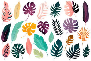 Wall Mural - Set of colorful tropical leaves. Generative AI.