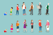 3D Isometric Flat Vector Conceptual Illustration Of Male And Female Growing Up And Aging, Human In Different Ages