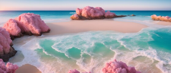 Ocean waves on the beach as a background. Beautiful natural summer vacation holidays background. Aerial top down view of beach and sea with blue water waves. Generative Ai	
