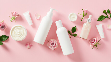 Wall Mural - set of natural cosmetics with rose blossom on pink background. white shampoo bottle, shower gel, moi