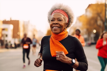 Afro-american senior woman running marathon. Generative AI