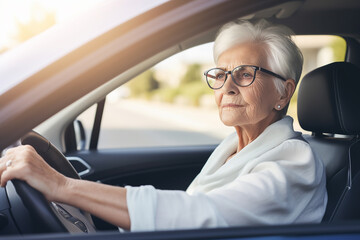 Attractive senior woman driving a car. Generative AI