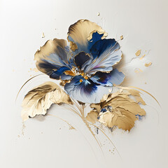 Abstract floral oil painting. Gold and blue pansy flower on white background. Generative AI