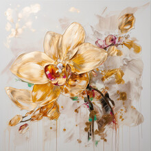 Abstract Floral Oil Painting. Gold And Yellow Orchids On White Background. Generative AI