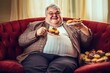 © Road Red Runner - An obese man can't control his appetite for sweets, and he eats a large slice of cake. Ai generated.