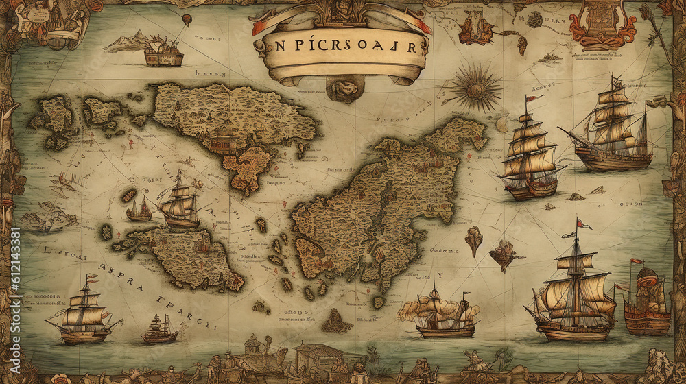 Historical map, treasure map, pirate map with pirate ships, islands and nautical signs. Generative AI