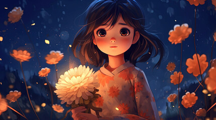 Wall Mural - Cartoon character girl at night