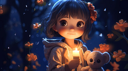 Wall Mural - Cartoon character girl at night