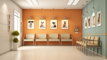 Bright And Contemporary Vet Waiting Room With Clean Aesthetics And Empty Posters For Clinic And Care: Generative AI