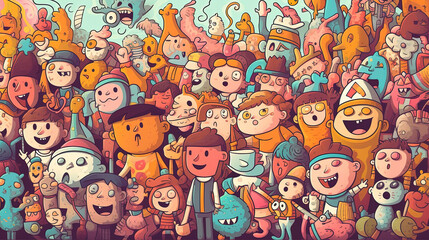 Wall Mural - Funny colorful quirky cute design character illustration. Composition of a cheerful crowd influenced by graffiti