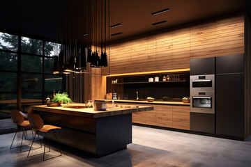 modern kitchen design with wooden cladding 