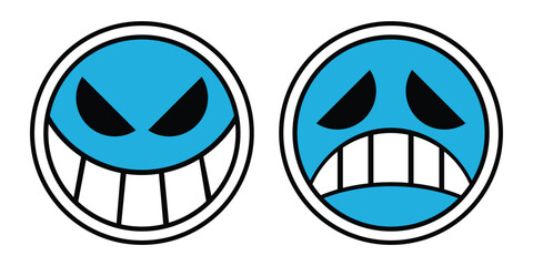 Two blue cartoon face symbols with mocking and sad expressions