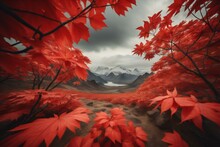 Autumn Landscape With Red Maple Leaves And Mountains. Generative Ai