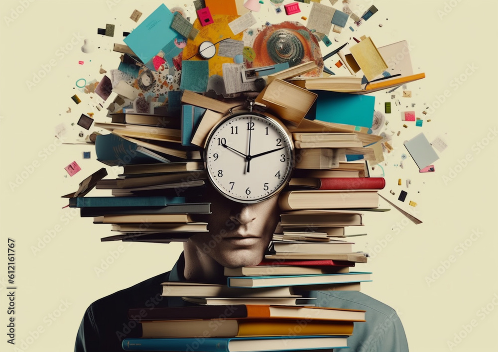 Time Management Struggles: Exhausted Man Burdened by Books, Papers, and ...