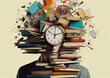 Time Management Struggles: Exhausted Man Burdened by Books, Papers, and Clock, Symbolizing Knowledge Overload and Overwork in a Contemporary Art Collage,  Generative AI