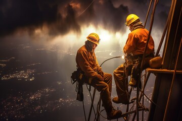 portrait photograph of power electrician Two people working at height wearing safety gear from a high voltage pylon.Generated with AI