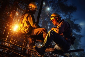 portrait photograph of power electrician Two people working at height wearing safety gear from a high voltage pylon.Generated with AI