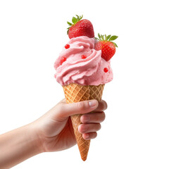 Wall Mural - hand holding strawberry ice cream isolated on transparent background - generative ai