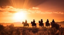 Vintage And Silhouettes Of A Group Of Cowboys Sitting On Horseback At Sunset Illustration. Generative AI.