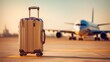 suitcase on a runway with blurred airplane
