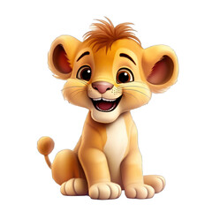 Wall Mural - Playful baby lion with smile, cute and lively cartoon on white background. Generative AI