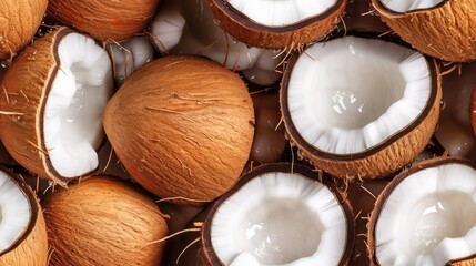 Many fresh coconut background adorned with some droplets of water for food magazine photography generative ai