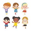 Happy children with different positive emotions. Children jumping and waving their hands in greeting.
