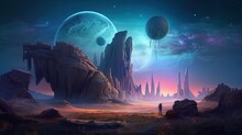 A Full Moon Above An Alien Landscape With Strange Rock Formations And Bioluminescent Plants Generative Ai