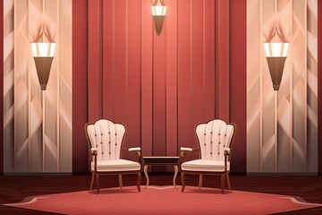 Wall Mural - Interior in a contemporary classic double color with seats, a lamp, a table, wall panels, and a wooden floor. mock-up for an illustration. Generative AI