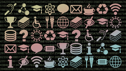 Wall Mural - A header image of various icons and symbols representing the experience of people that has been collected as data for business intelligence reporting and analysis