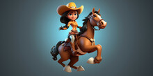 Cowgirl On A Horse 3d Cartoon. Generative Ai