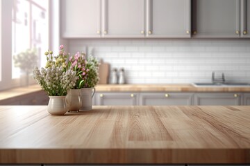 Wall Mural - Countertop against a blurred background of a light-colored, wooden kitchen with an oven and sink. product display mockup copy space. Generative AI