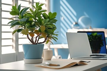 Canvas Print - Computer at the office, with a plant on the wooden table. Background of white and blue Generative AI